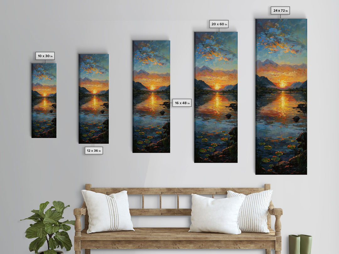 Vibrant Sunset Over Lake Art - Framed Canvas Print, Skinny Tall Art, Landscape Painting, Wall Art for Living Room, Bedroom Decor, Sunset Art