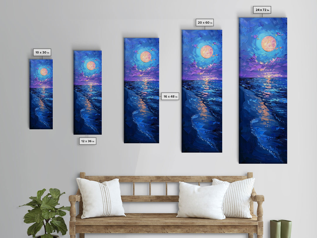 Vibrant Night Sky Over the Ocean with Full Moon, Skinny and Tall Art, Bold and Colorful Framed Canvas Print, Landscape Wall Art