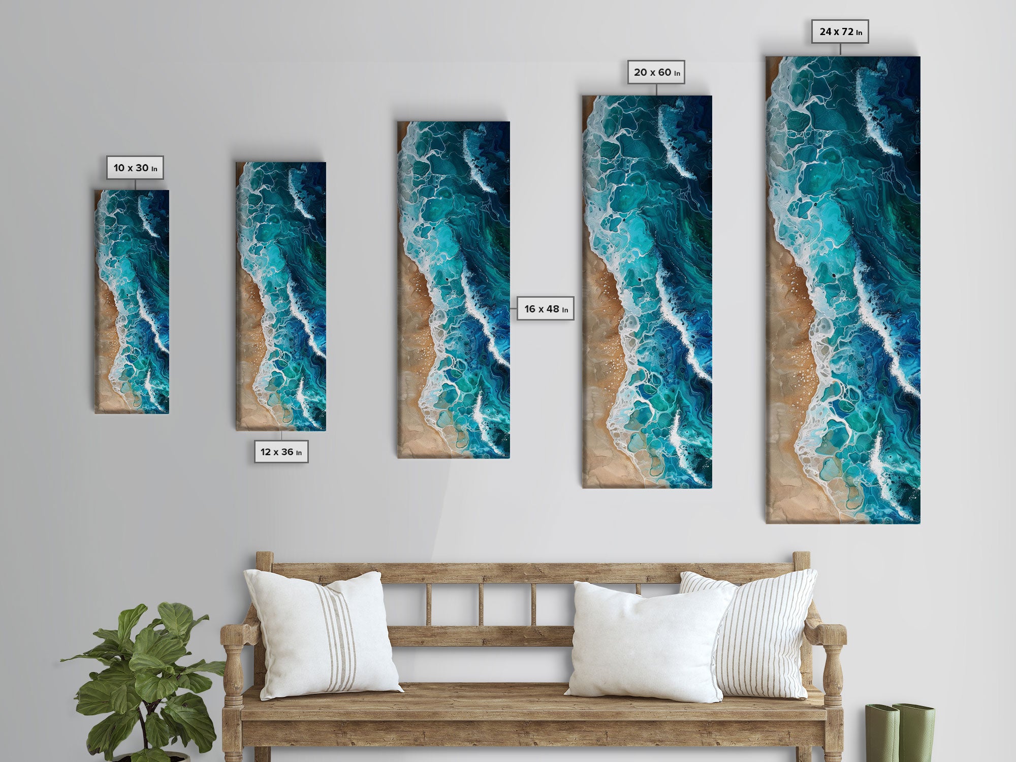 Aerial Ocean View Art - Framed Canvas Print, Farmhouse Art, Boho Art, Skinny Art, Tall Art, Living Room Decor, Beach Wall Art for Home Decor