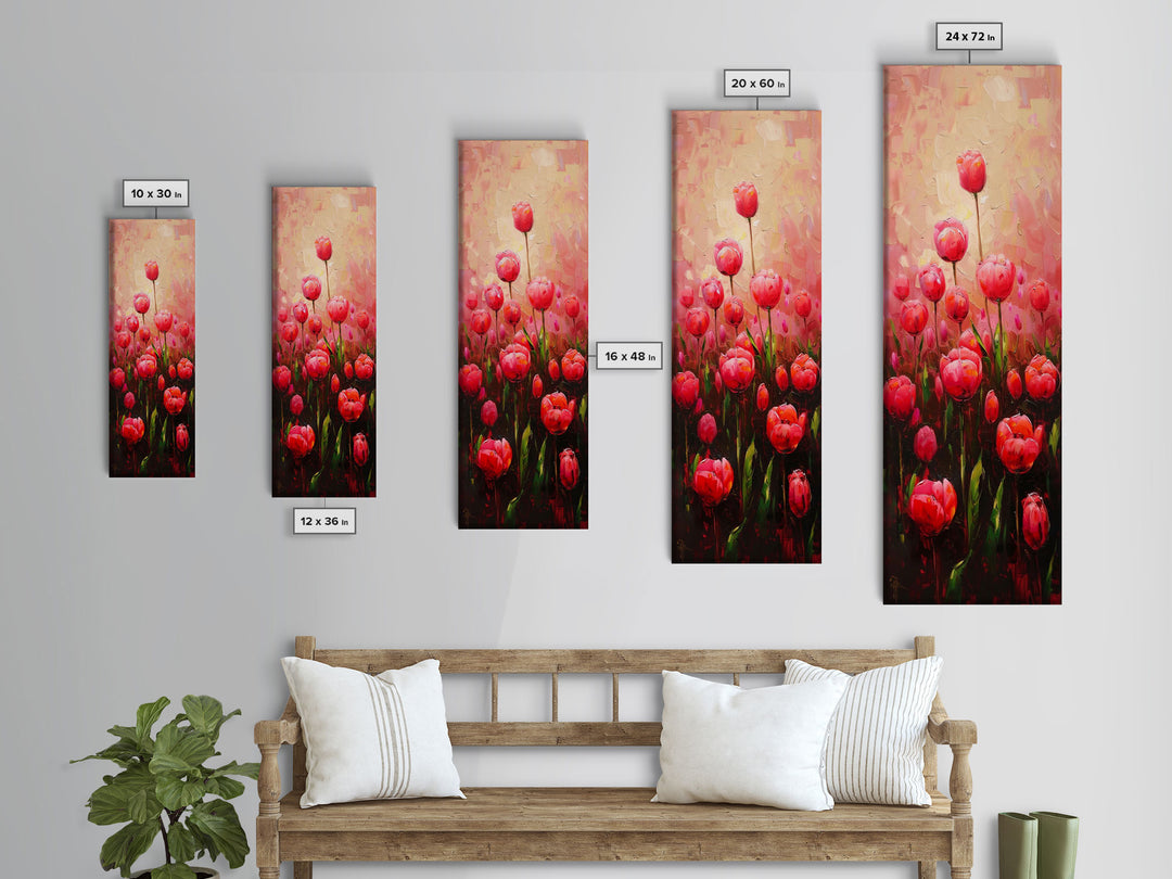 Vibrant Red Tulips in Bloom Against a Soft Pink Background on a Framed Canvas Print Skinny Art Piece