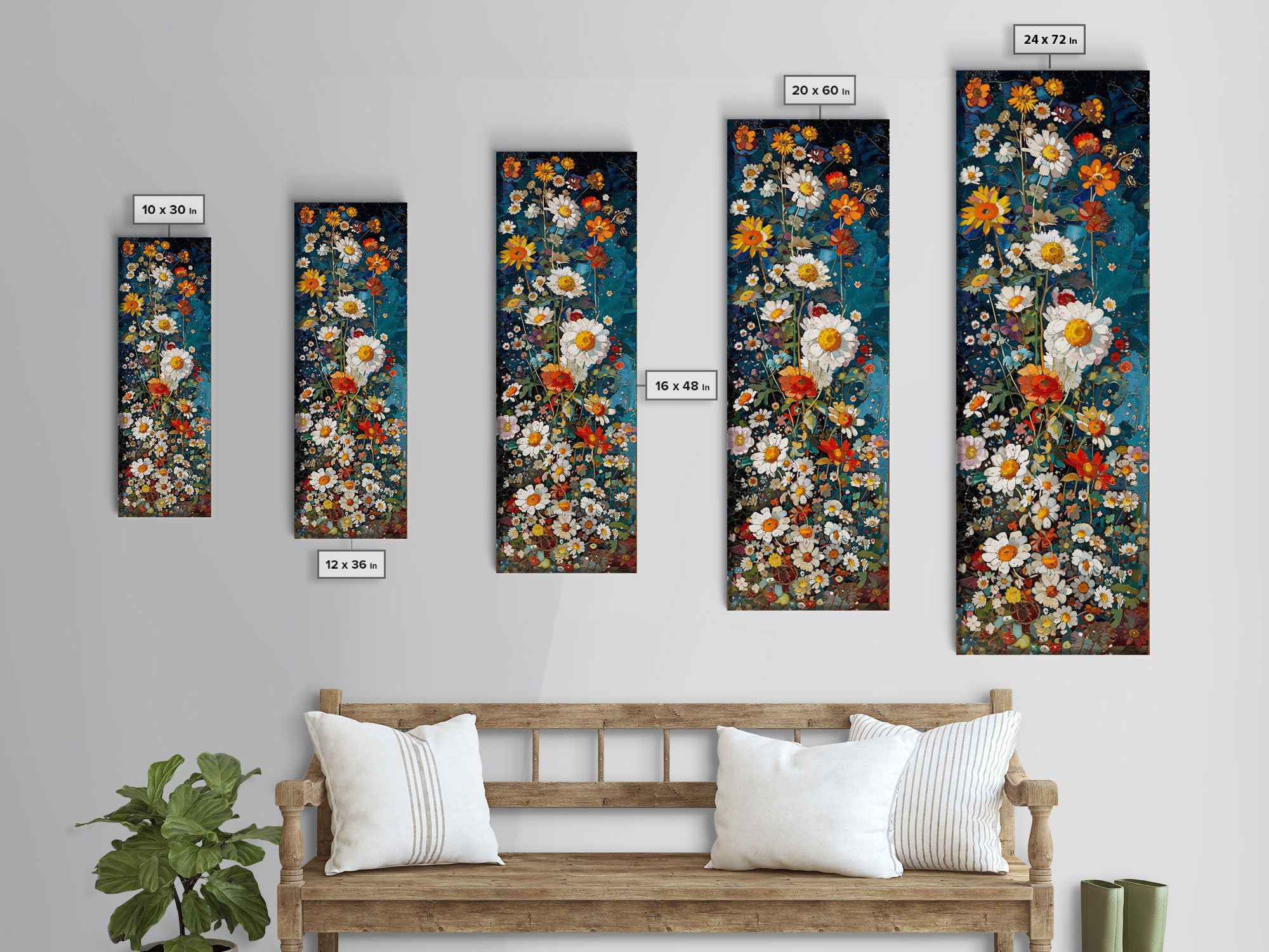 Tall Skinny Art of Vibrant Floral Mosaic on Blue Background as Framed Canvas Print for Bright Wall Decor and Home Interiors