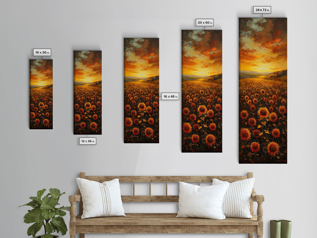 Sunflowers in Golden Sunset, Tall Skinny Art Framed Canvas Print Ideal for Warm Wall Decor in Living Rooms or Bedrooms