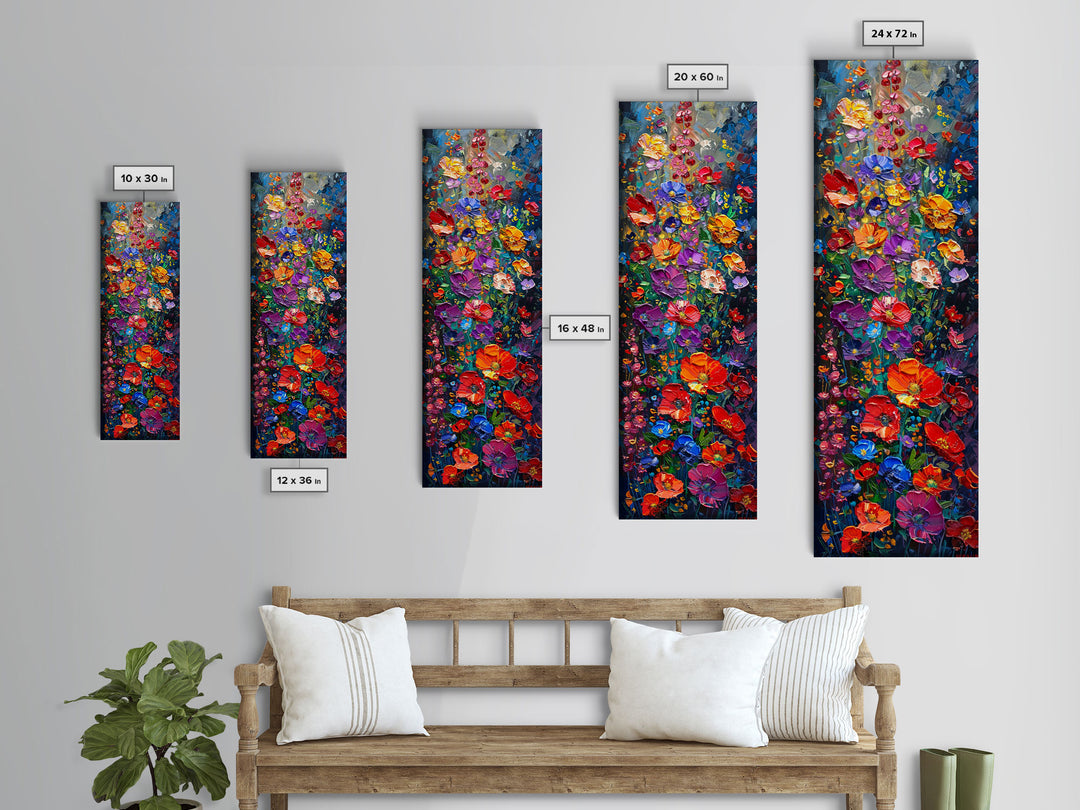 Vibrant Floral Cascade on Textured Canvas as Tall Skinny Art Framed Canvas Print for Colorful Wall Decor in Modern Interiors