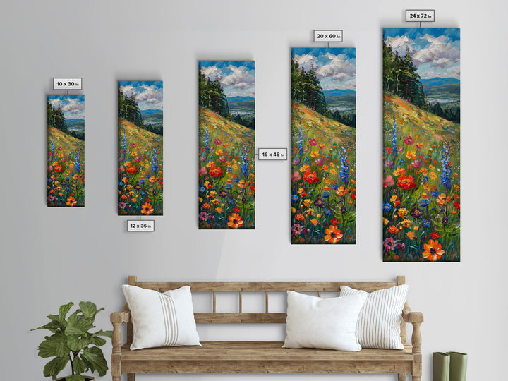 Wildflowers In Bloom, Framed Canvas Print, Skinny Panoramic Landscape Painting, Beautiful Wall Art, Gift Idea For Her, Housewarming