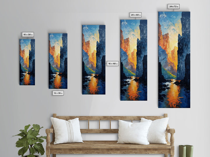 Sunset Peaks Through The Mountain Valley, Framed Canvas Print, Retro MCM Inspired Landscape Painting, Living Room Or Office Decor