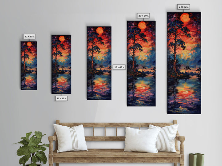 Sunset At The Lake, Framed Canvas Print, Colorful Gift Idea, Housewarming, Tall / Skinny Panoramic Painting Print, Living Room Wall Art