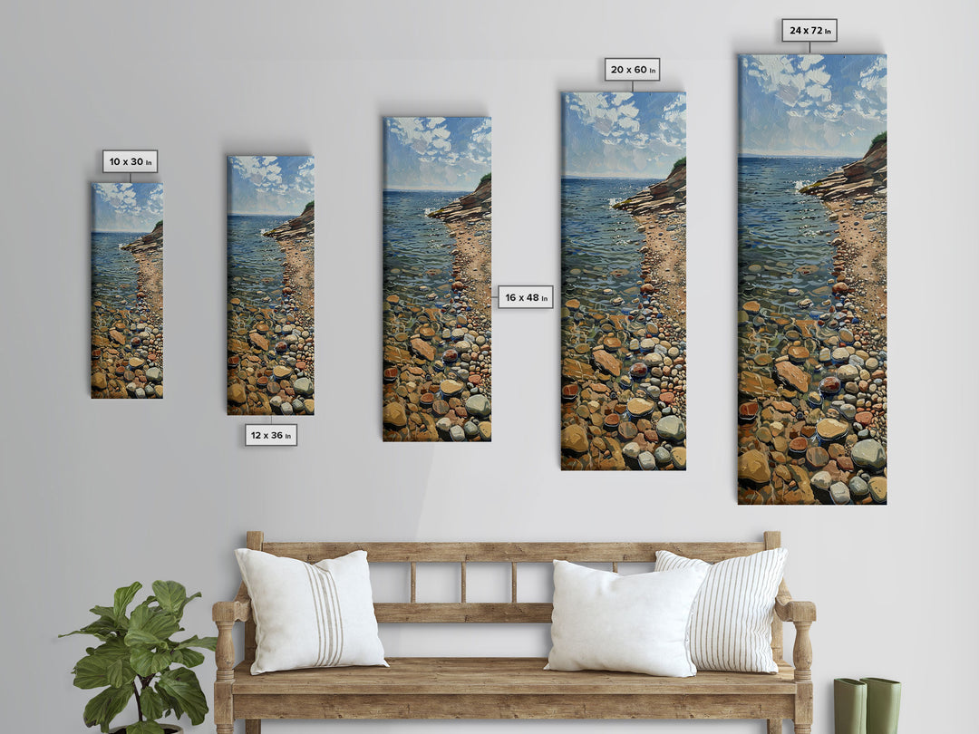 Tranquil Shoreline With Colorful Pebbles, Rustic Farmhouse Art On Framed Canvas, Minimalist Coastal Wall Art In Tall Canvas Print