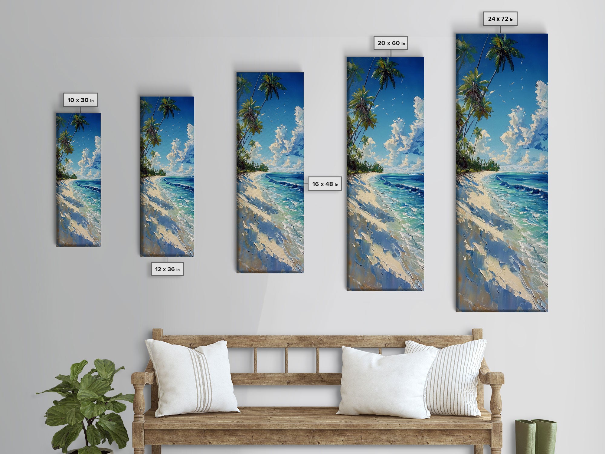 Tropical Beach Paradise With Swaying Palms, Boho And Farmhouse Art For Coastal Decor, Tall Canvas Print In Minimalist Style