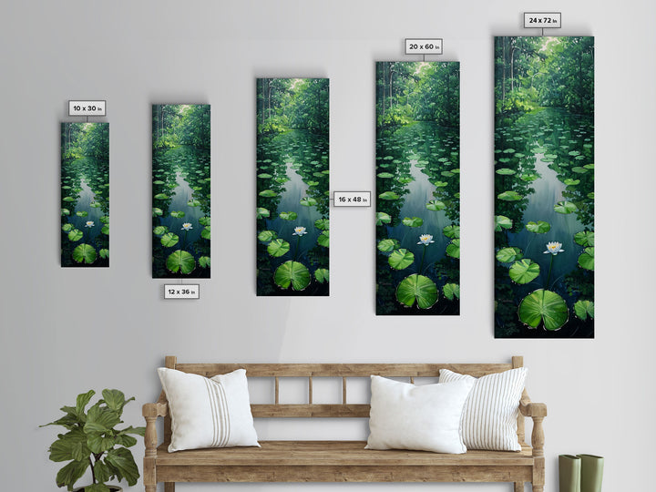 Tranquil Lily Pond Surrounded By Lush Forest, Boho And Minimalist Art For Nature Lovers, Farmhouse Wall Art In Tall Canvas Print