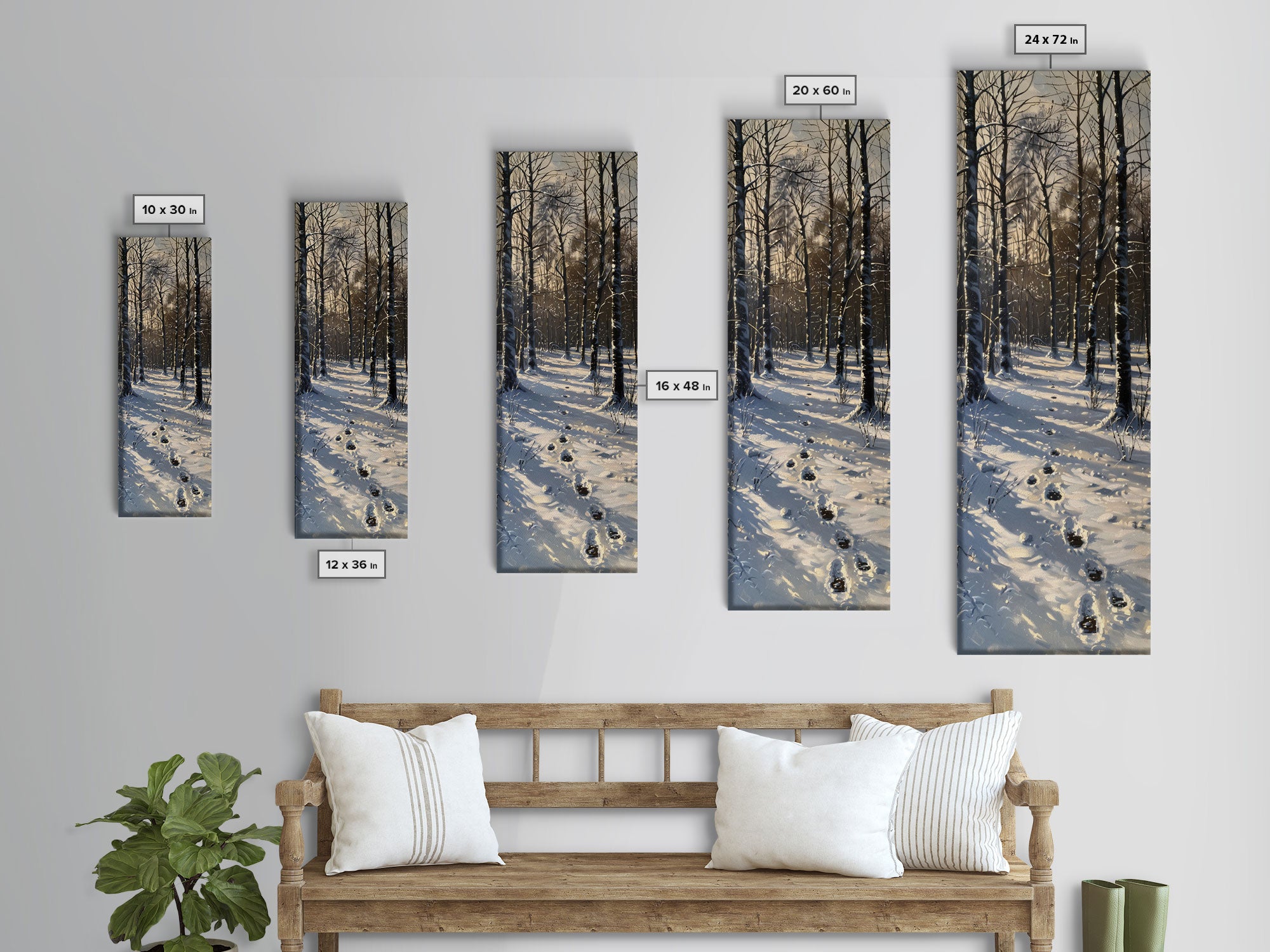 Snowy Forest Path With Footprints, Winter Scene In Farmhouse Style, Tall Canvas Print For Rustic Boho Wall Art