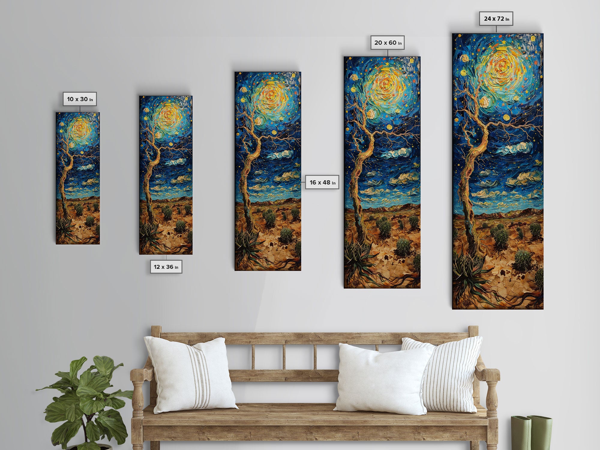 Vibrant Night Sky Desert Tree Whimsical Boho Starry Landscape Framed Canvas Print Tall Art Japanese Style Art