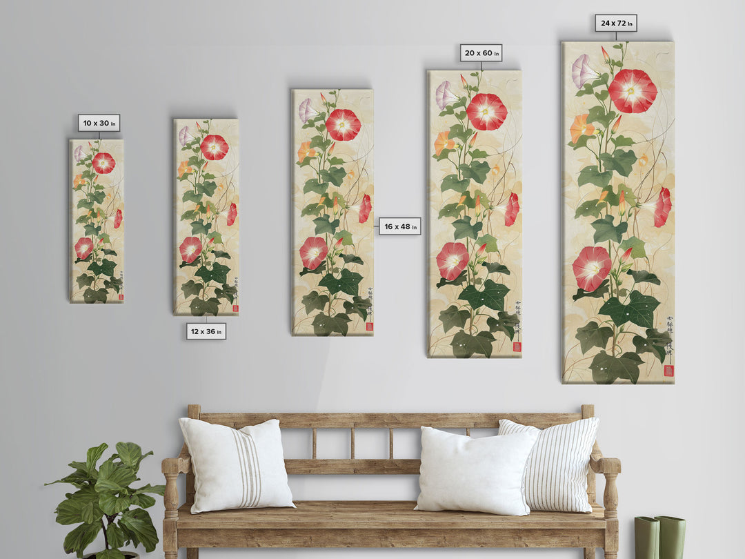 Vibrant Morning Glories Bloom Skinny Art Tall Art Japanese Ukiyo-e Inspired Floral Print Framed Canvas Wall Art