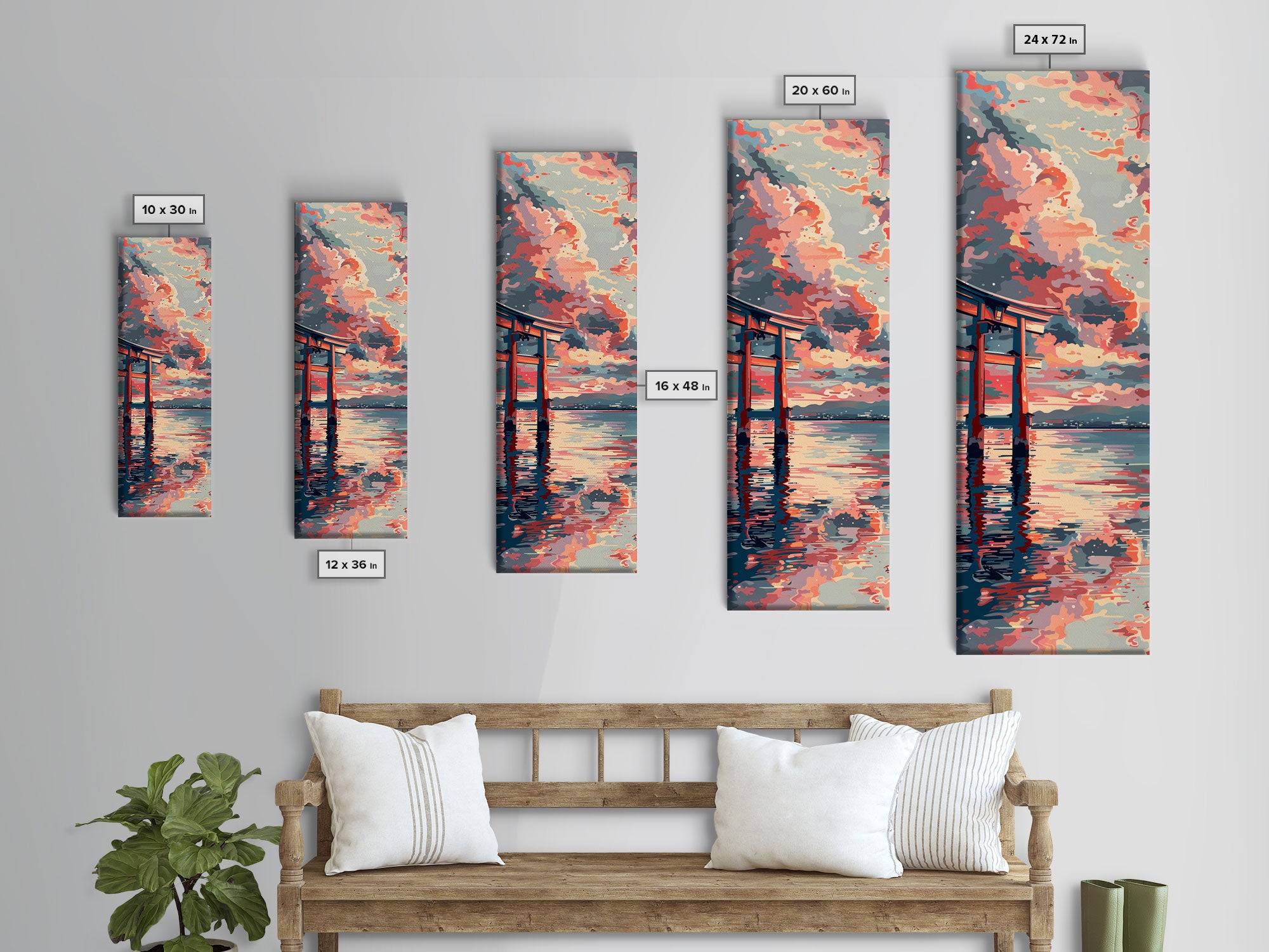 Tranquil Torii Gate Skinny Art Tall Art Japanese Ukiyo-e Inspired Spiritual Landscape Framed Canvas Print