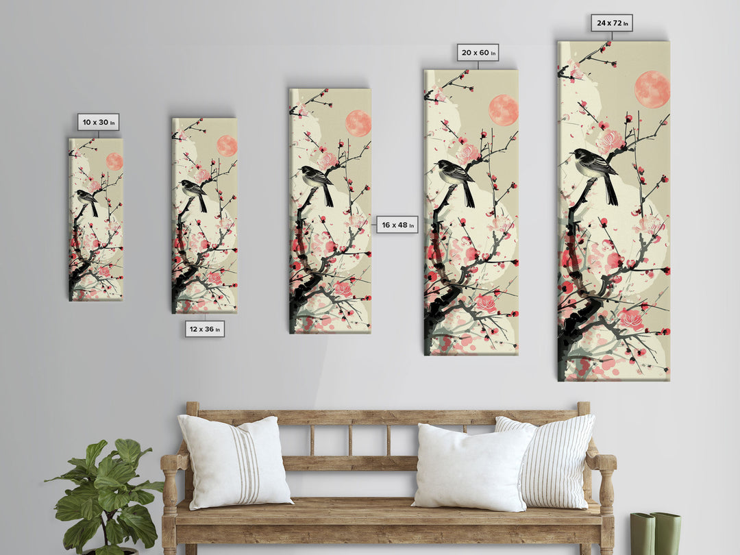 Songbird on Cherry Blossom Skinny Art Tall Art Japanese Ukiyo-e Inspired Bird and Nature Framed Canvas Print