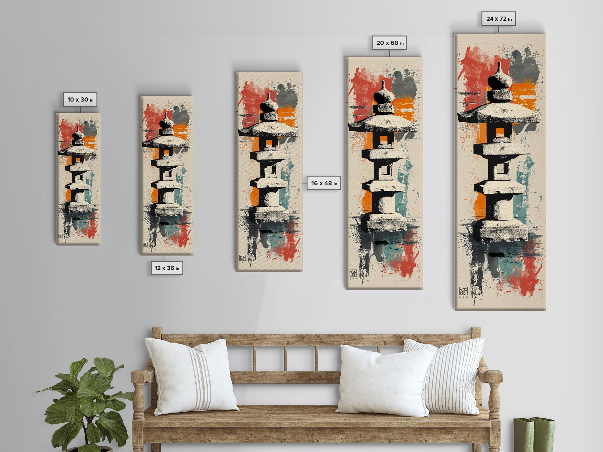 Zen Stone Lantern Skinny Art Tall Art Japanese Ukiyo-e Inspired Framed Canvas Wall Art