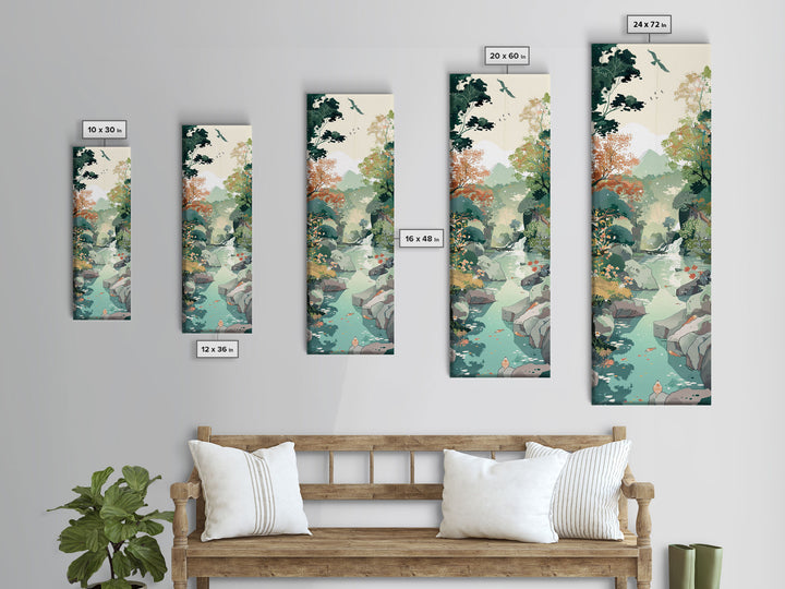 Tranquil Mountain Stream Surrounded by Autumn Leaves on Tall Vertical Japanese-Inspired Canvas Print for Nature Lovers