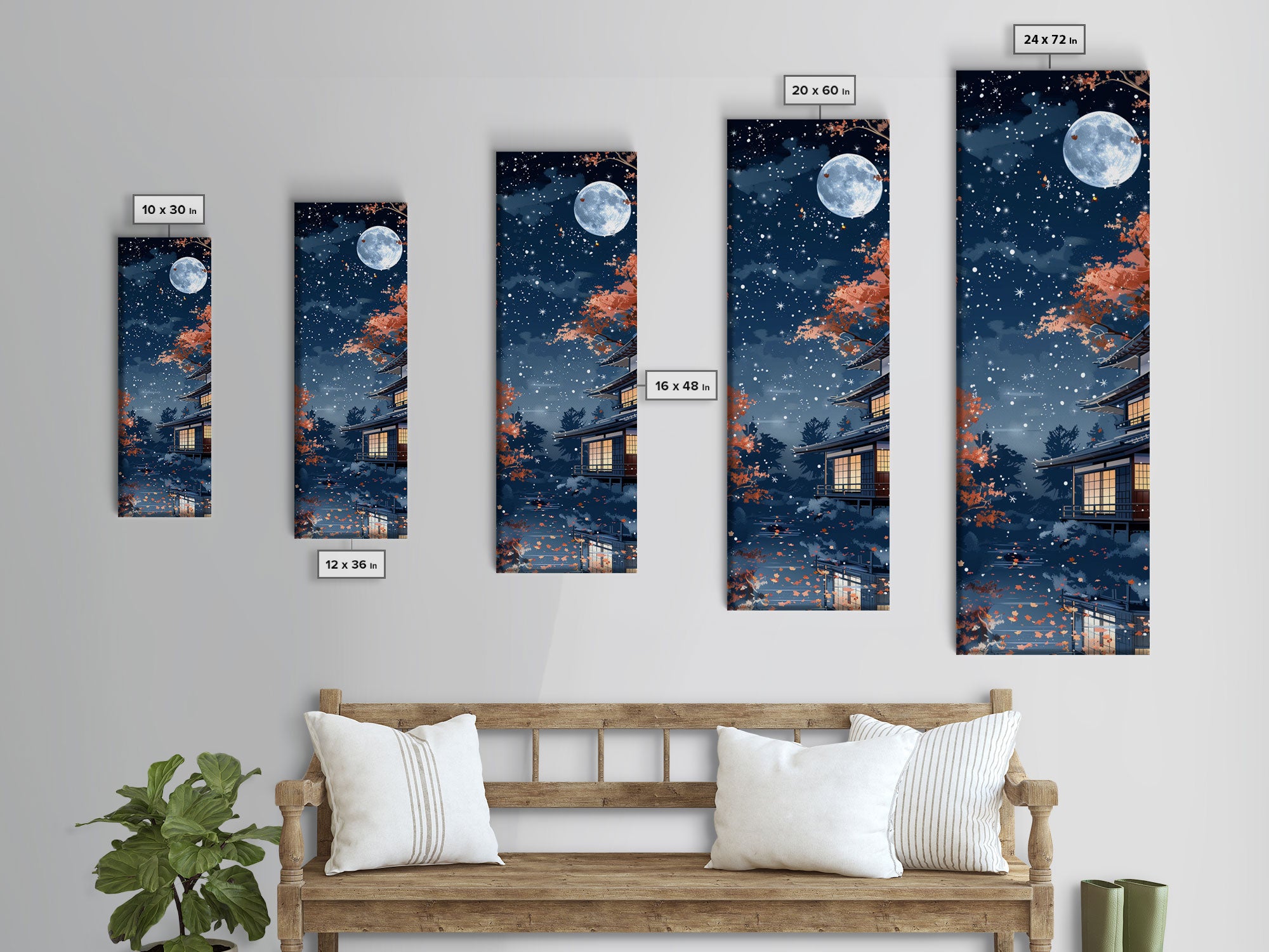 Starry Night, Traditional Japanese Home, Japanese Art, Skinny Art, Tall Art, Framed Canvas Print, Ukiyo-e Style