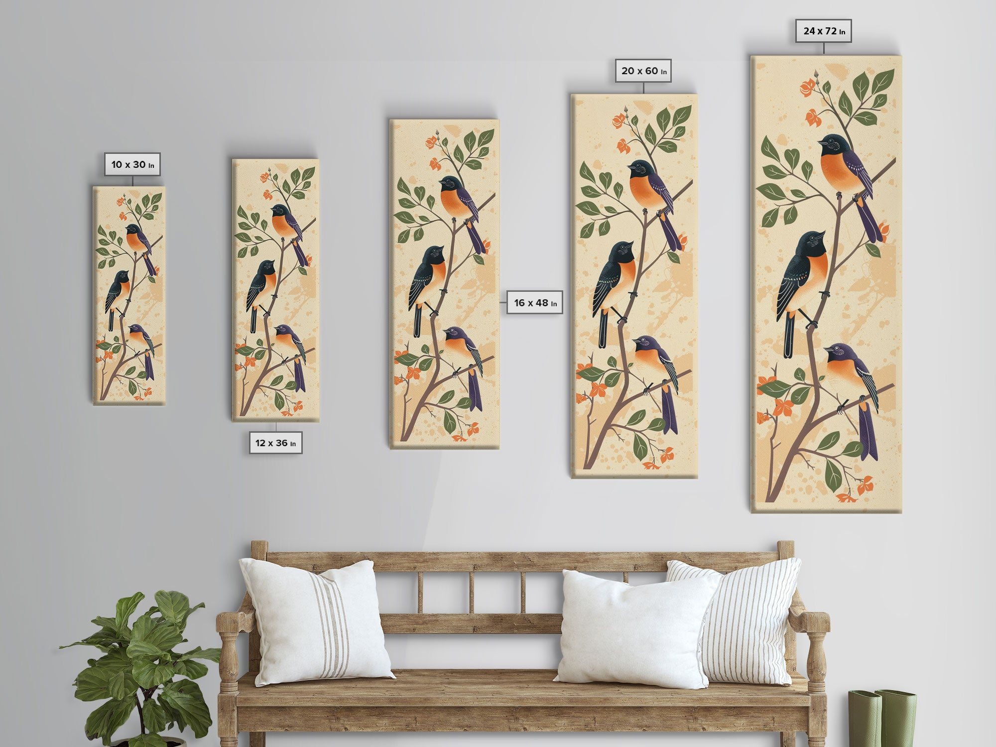 Three Birds Perched On A Branch Japanese Style Framed Canvas Print, Traditional Illustration Art Ready To Hang For Home Decor