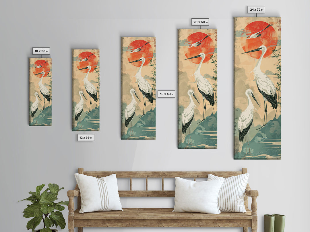 Tall Japanese Cranes Under a Vibrant Red Sun Ukiyo-e Art Skinny Framed Canvas Print Traditional Japanese Nature Scene