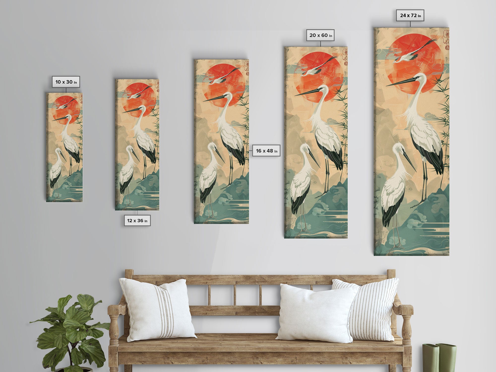 Tall Japanese Cranes Under a Vibrant Red Sun Ukiyo-e Art Skinny Framed Canvas Print Traditional Japanese Nature Scene