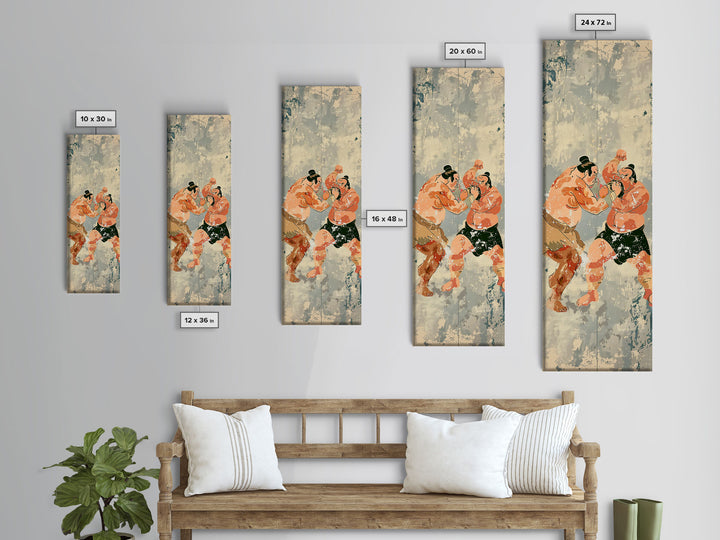 Sumo Wrestlers in Action Skinny Ukiyo-e Art Tall Framed Canvas Print with Japanese Cultural Heritage