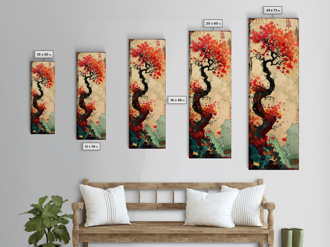 Twisted Tree with Red Maple Leaves Skinny Art Ukiyo-e Japanese Framed Canvas Print in Autumn Colors