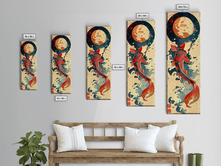 Vibrant Koi Fish Swimming Toward the Moon Skinny Art Ukiyo-e Tall Framed Canvas Print with Japanese Mythology Elements