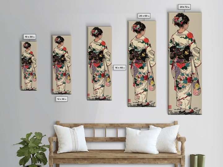 Skinny Art Traditional Kimono In Japanese Style Wood Block Print Intricate Floral Pattern On Framed Canvas Print, Tall Art Ukiyo-e