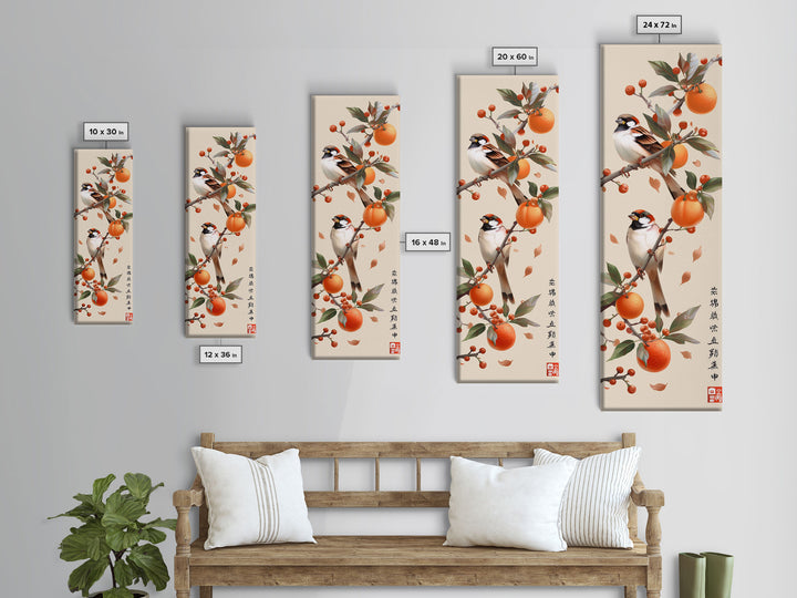 Skinny Art Tall Art Framed Canvas Print Wood Block Print Of Elegant Bird Perched On Branch Amidst Orange Fruits Ukiyo-e Japanese Style Art