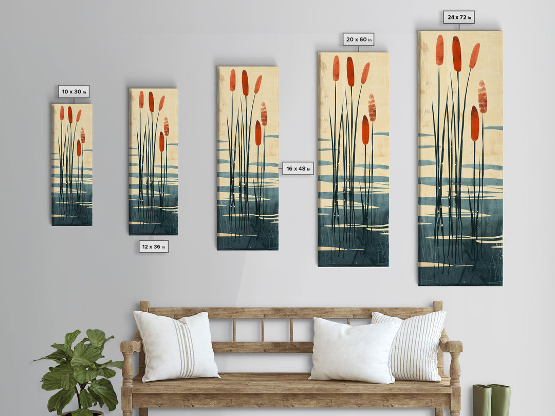 Skinny Art Tall Art Framed Canvas Print Minimalist Cattail Plants With Abstract Lines And Earthy Tones Ukiyo-e Japanese Style Art