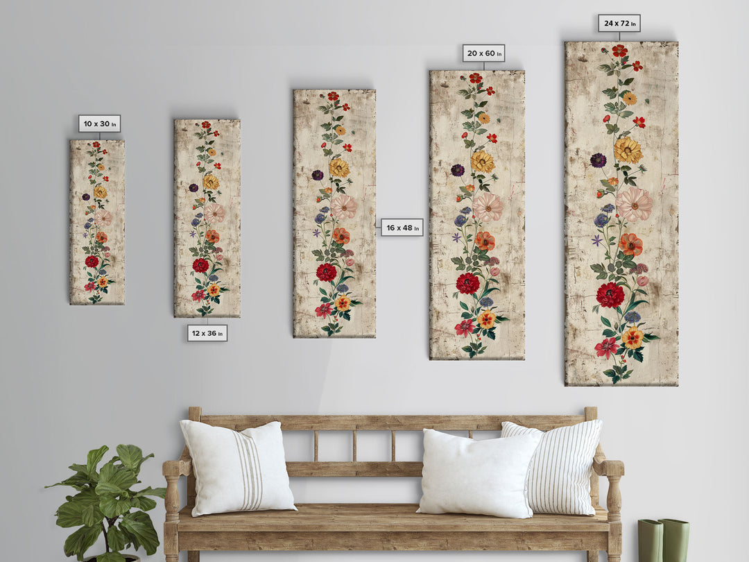 Skinny Art Tall Art Framed Canvas Print Vintage Style Floral Art With Mixed Blossoms On A Rustic Background Ukiyo-e Japanese Style Art