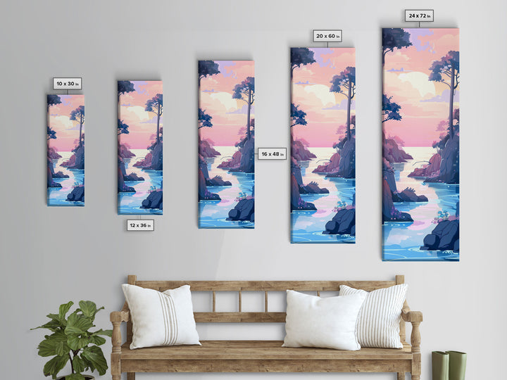 Skinny Art Tall Art Framed Canvas Print Serene Coastal Landscape At Dusk With Soft Pastel Colors Ukiyo-e Japanese Style Art