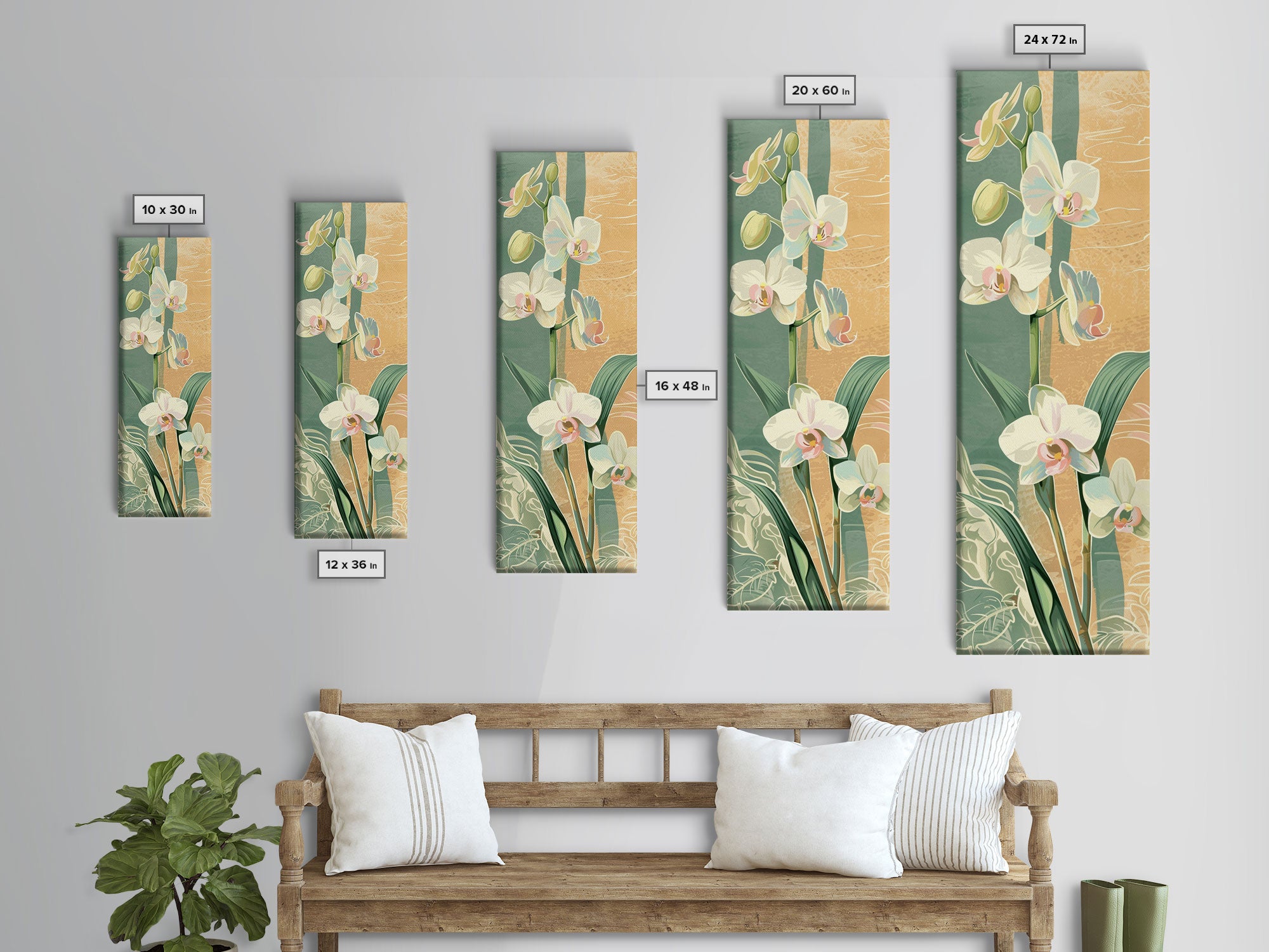 Skinny Art Tall Art Framed Canvas Print Orchids In Delicate Tones With Subtle Background Elements Ukiyo-e Japanese Style Art Wood Block Print