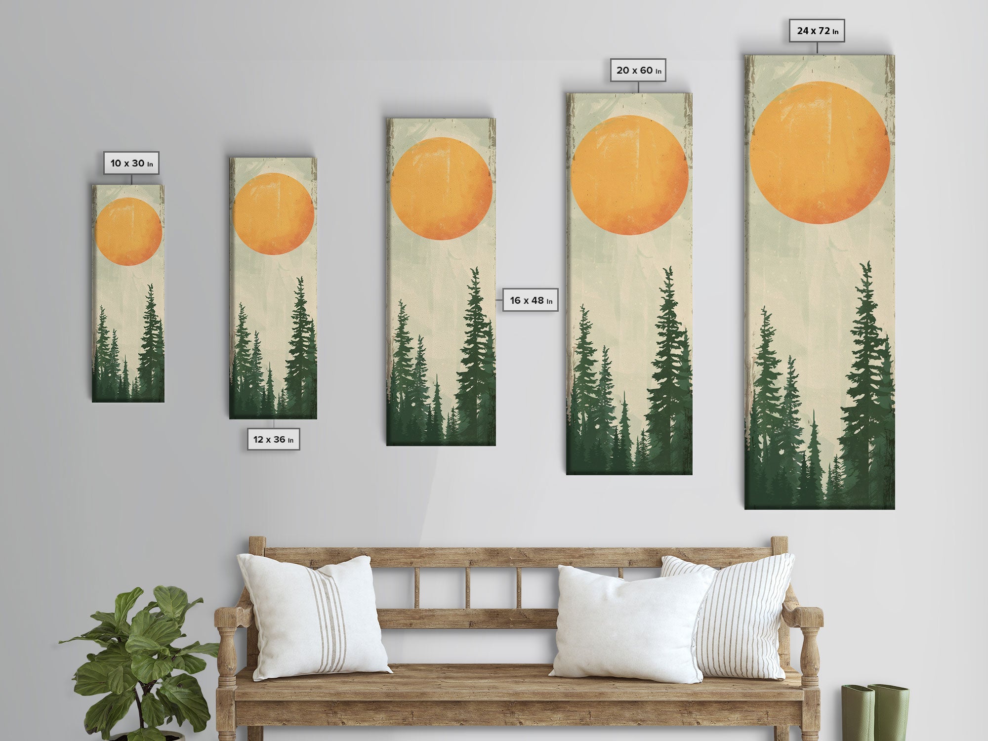 Abstract Sun Over Forest Silhouette Earth Tones Skinny Art Tall Art Framed Canvas Print Japanese Style Art Ukiyo-e Art Wood Block Print Minimalist