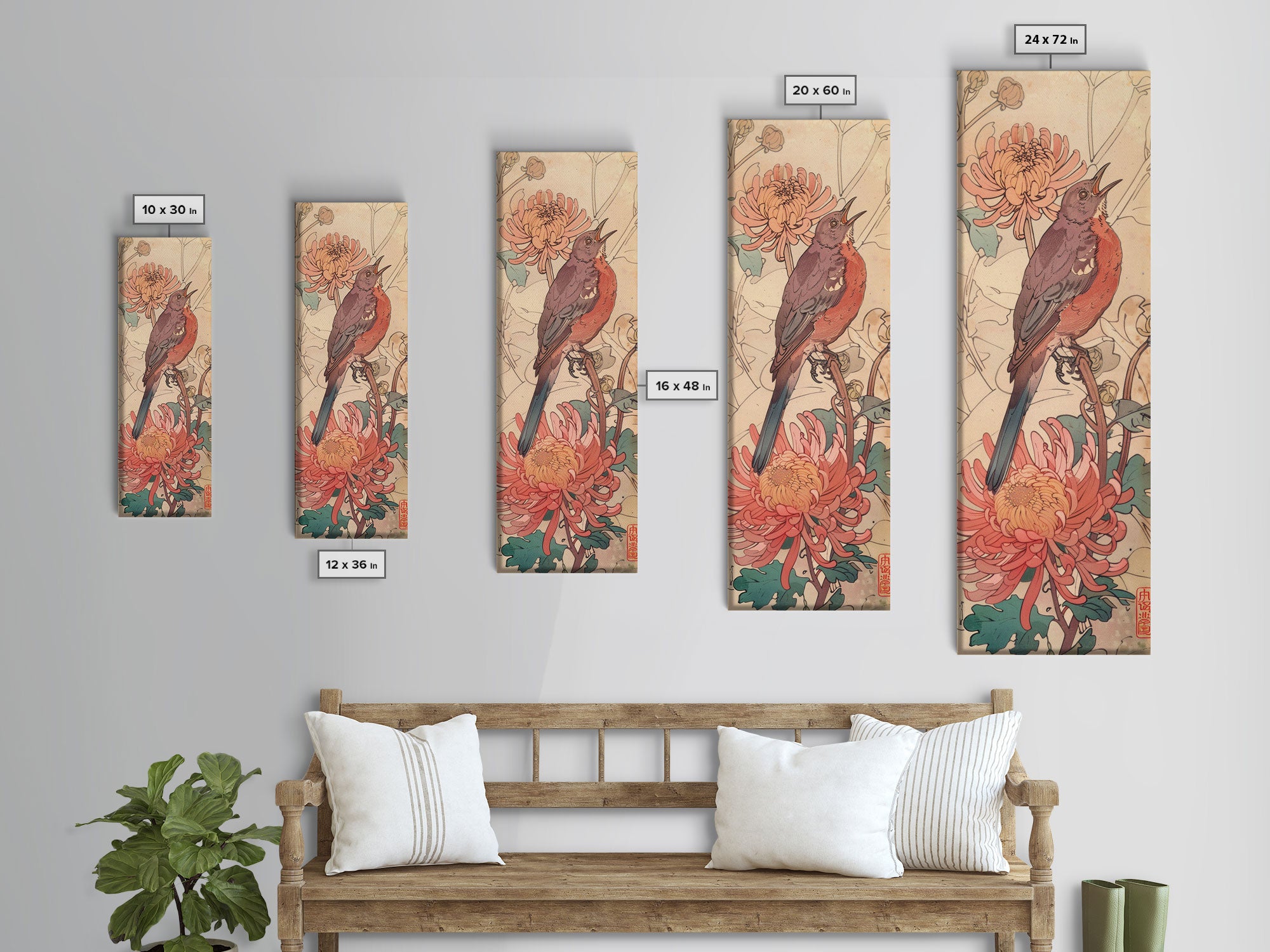 Singing Bird Amid Chrysanthemums Soft Pastels Skinny Art Tall Art Framed Canvas Print Japanese Style Art Ukiyo-e Art Wood Block Print Floral