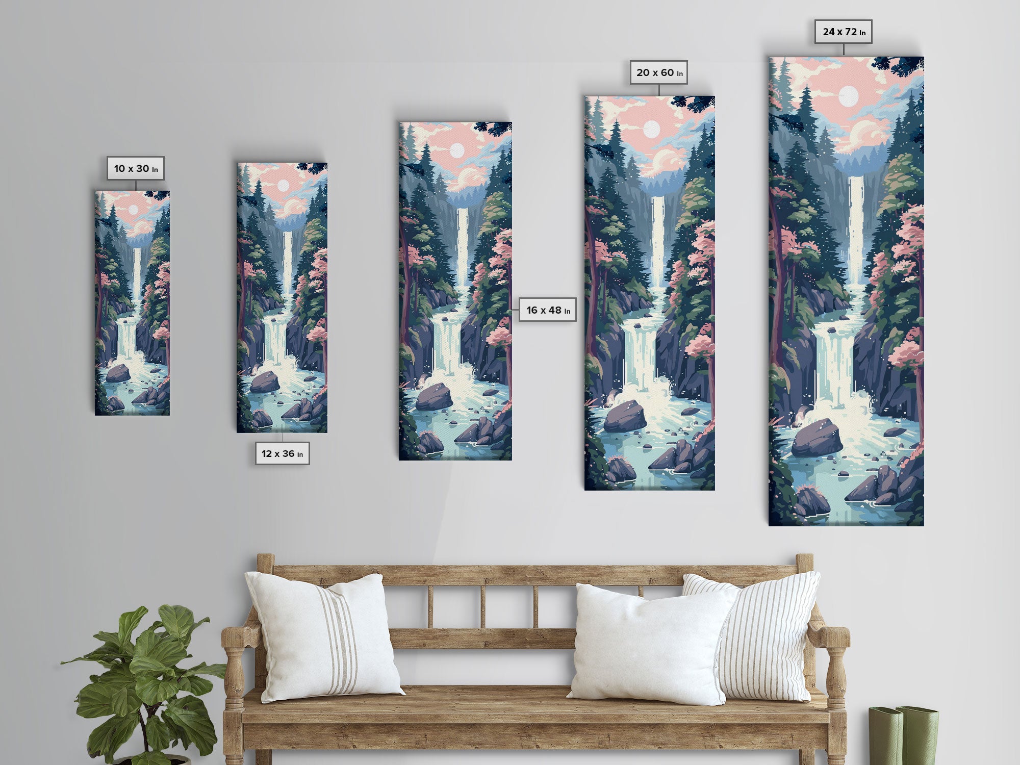 Waterfall Through Rocky Cliff Surrounded By Pine Trees Tall Art Skinny Art Framed Canvas Print Japanese Style Art Ukiyo-e Wood Block Print