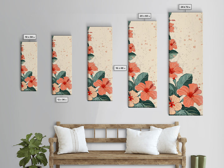 Soft Hibiscus Flowers In Delicate Shades Skinny Art Tall Art Framed Canvas Print Japanese Style Art Ukiyo-e Art Wood Block Print Floral Decorative