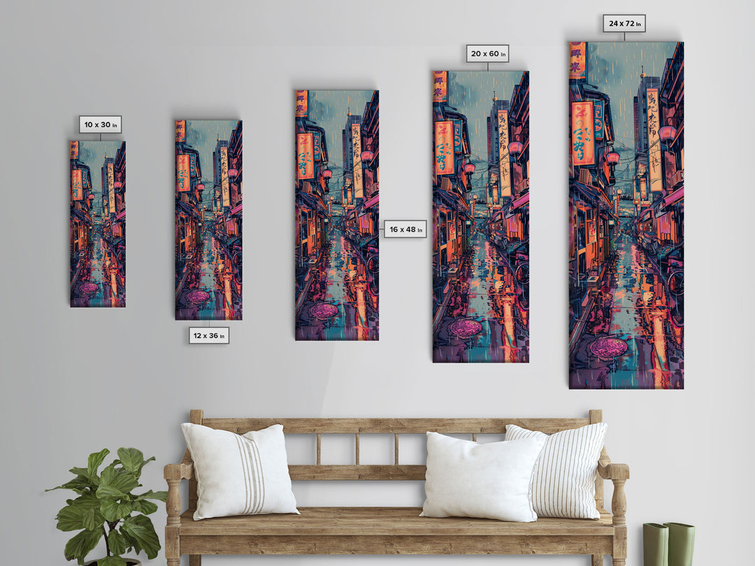 Vibrant Cityscape With Colorful Street Signs Skinny Art Tall Art Framed Canvas Print Japanese Style Art Ukiyo-e Art Wood Block Print Urban Energetic