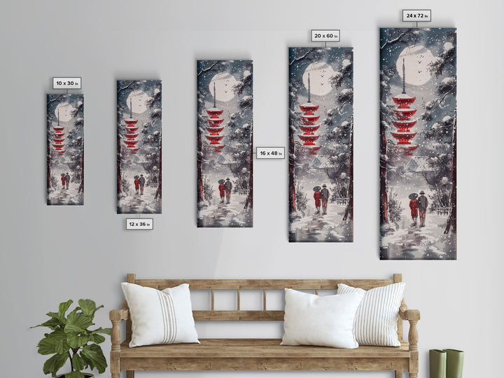 Snowy Pathway Leading To Red Pagoda Skinny Art Tall Art Framed Canvas Print Japanese Style Art Ukiyo-e Art Wood Block Print Seasonal Tranquil