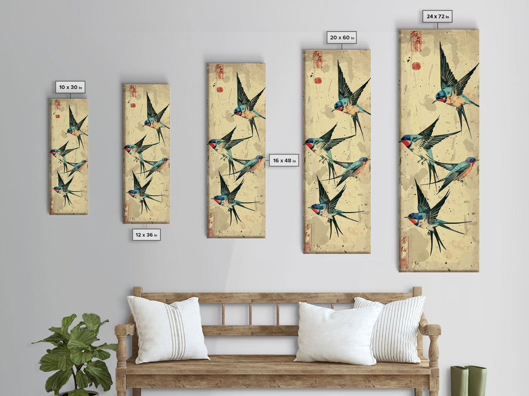 Trio Of Swallows In Flight Against A Vintage Beige Background, Skinny Art Tall Wall Art Framed Canvas Print Japanese Style Art