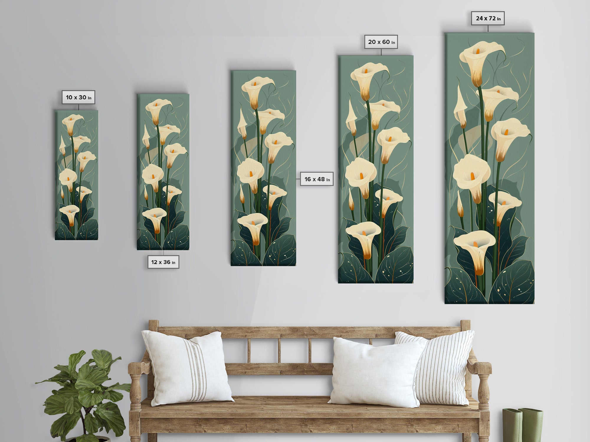 White Calla Lilies on Green Background, Tall Framed Canvas Print in Japanese Ukiyo-e Style Wall Art