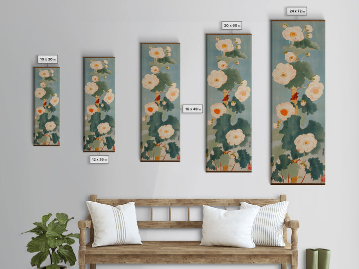 Tall White Blooms with Large Leaves on Blue Background, Framed Canvas Print in Japanese Art Style