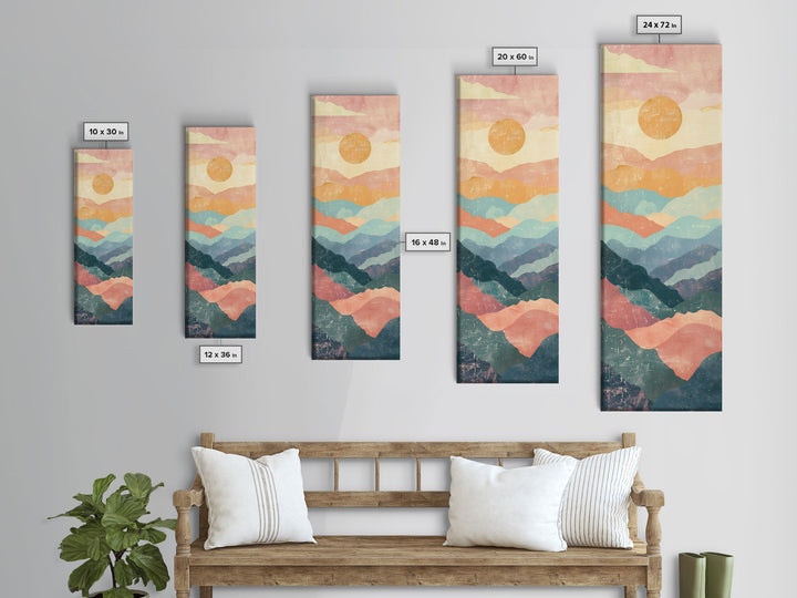 Abstract Sunset Over Rolling Hills, Japanese Art-Inspired Tall Framed Canvas Print for Wall Art