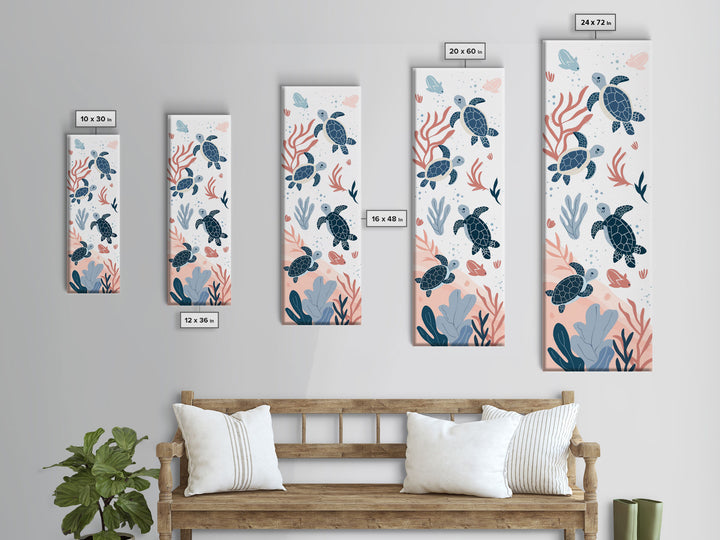 Swimming Sea Turtles with Coral, Tall Framed Canvas Print in Japanese Ukiyo-e Style Wall Art