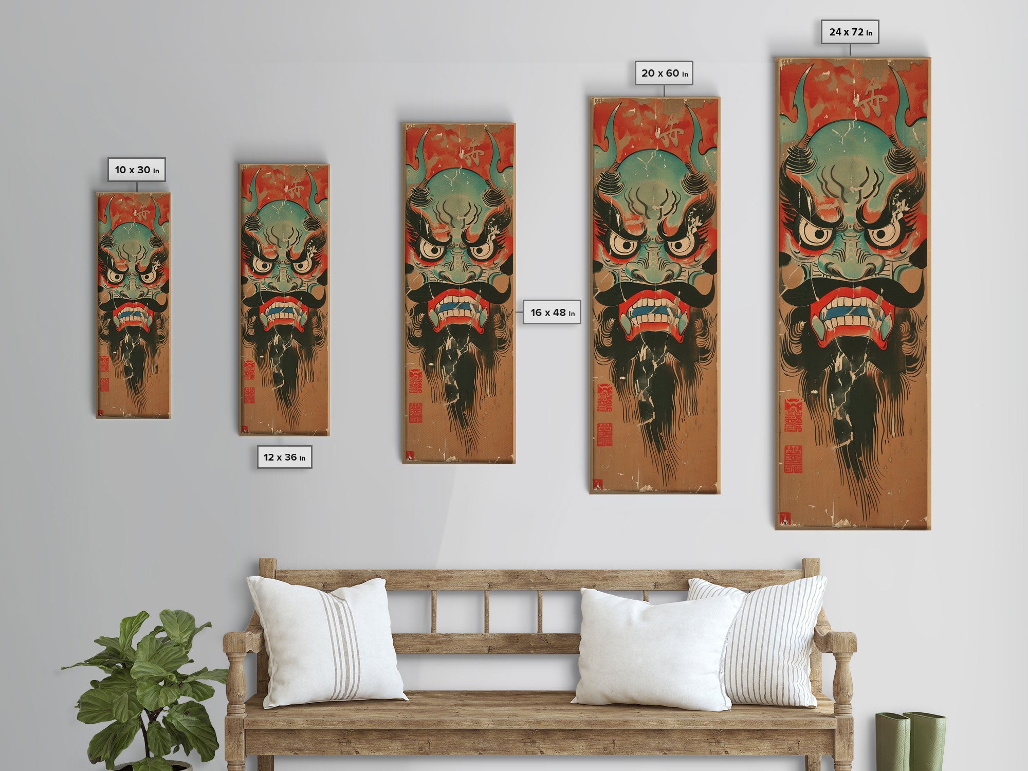 Traditional Japanese Demon Mask Art In Ukiyo-e Style Framed Canvas Print Tall Skinny Cultural Wood Block Wall Decor