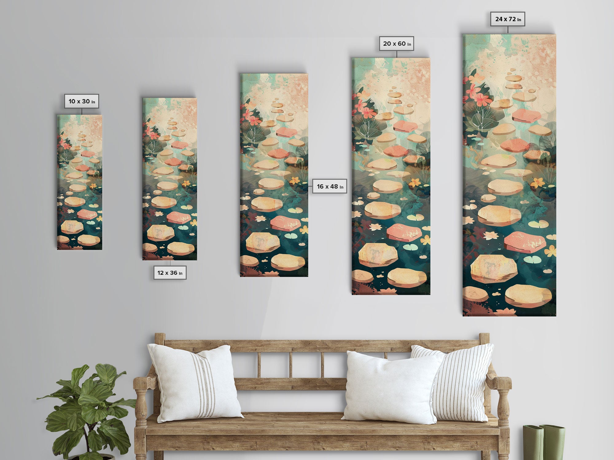 Stepping Stones In Japanese Garden Tranquil Path Art On Framed Canvas Print In Ukiyo-e Style Tall Skinny Wood Block Wall Decor