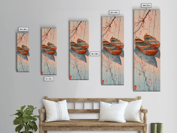 Two Wooden Boats Water Cherry Blossoms Reflected Japanese Style Tall Wall Art Skinny Framed Canvas Print