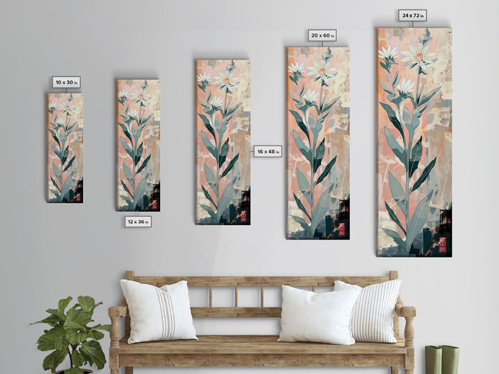 Tall Stemmed Wildflowers Abstract Background Japanese Style Tall Skinny Framed Canvas Print Wall Art