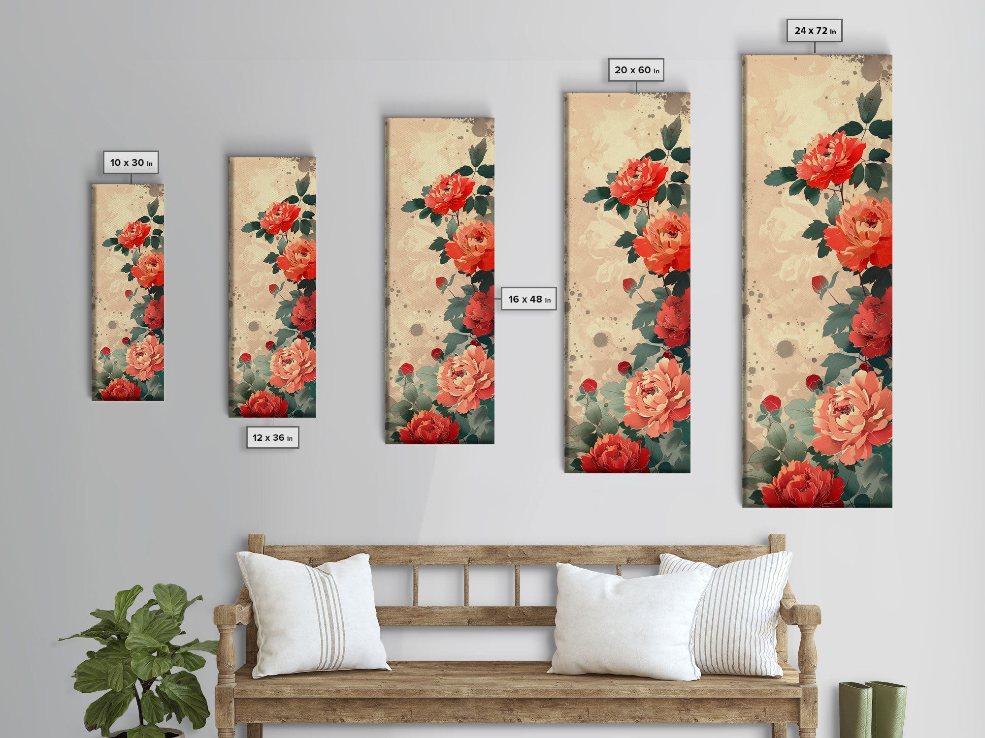 Vibrant Peonies Blooming Against A Soft Beige Background Traditional Japanese Aesthetic Tall Framed Canvas Print Floral Decor