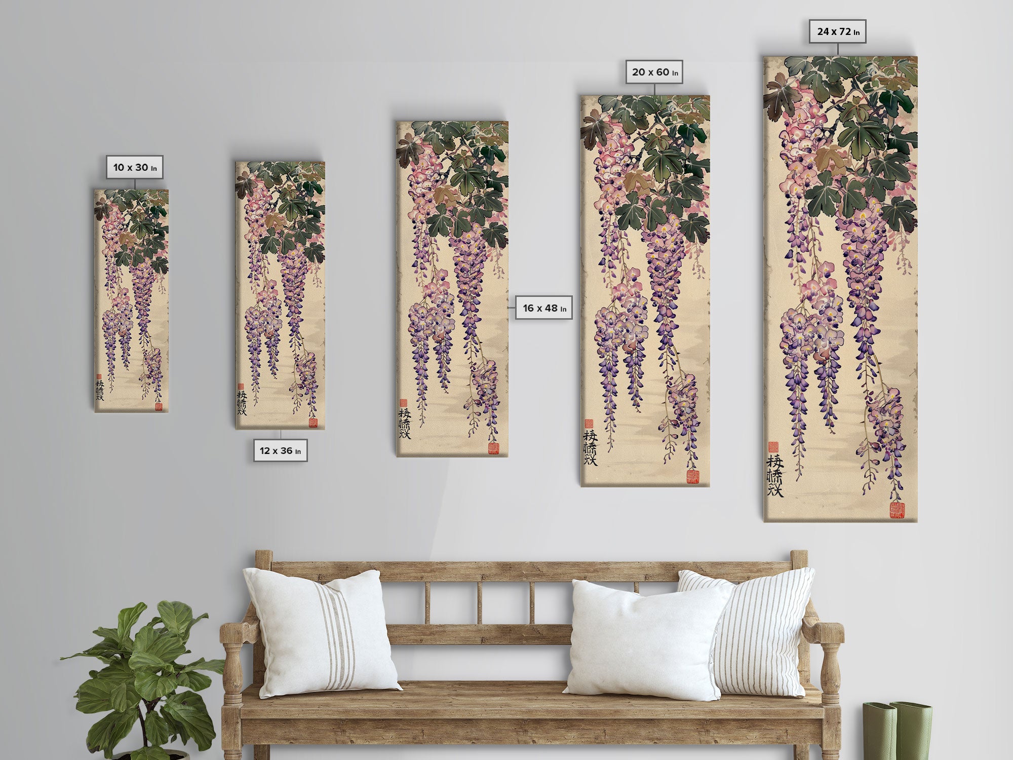 Wisteria Flowers Dangling Gracefully on a Textured Canvas Ukiyo-e Art Japanese Framed Canvas Print Skinny Tall Art